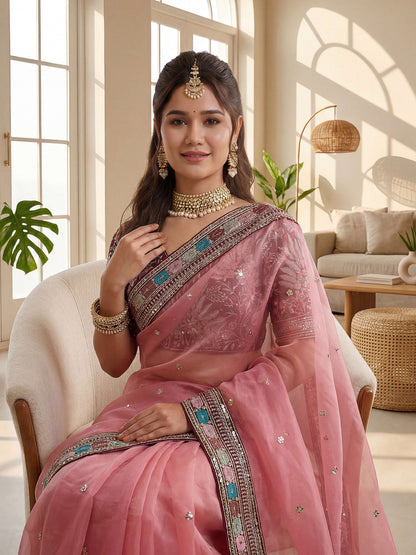 Timeless Soft Pink Organza Silk Embroidery Lace Work Wedding Wear Saree With Blouse
