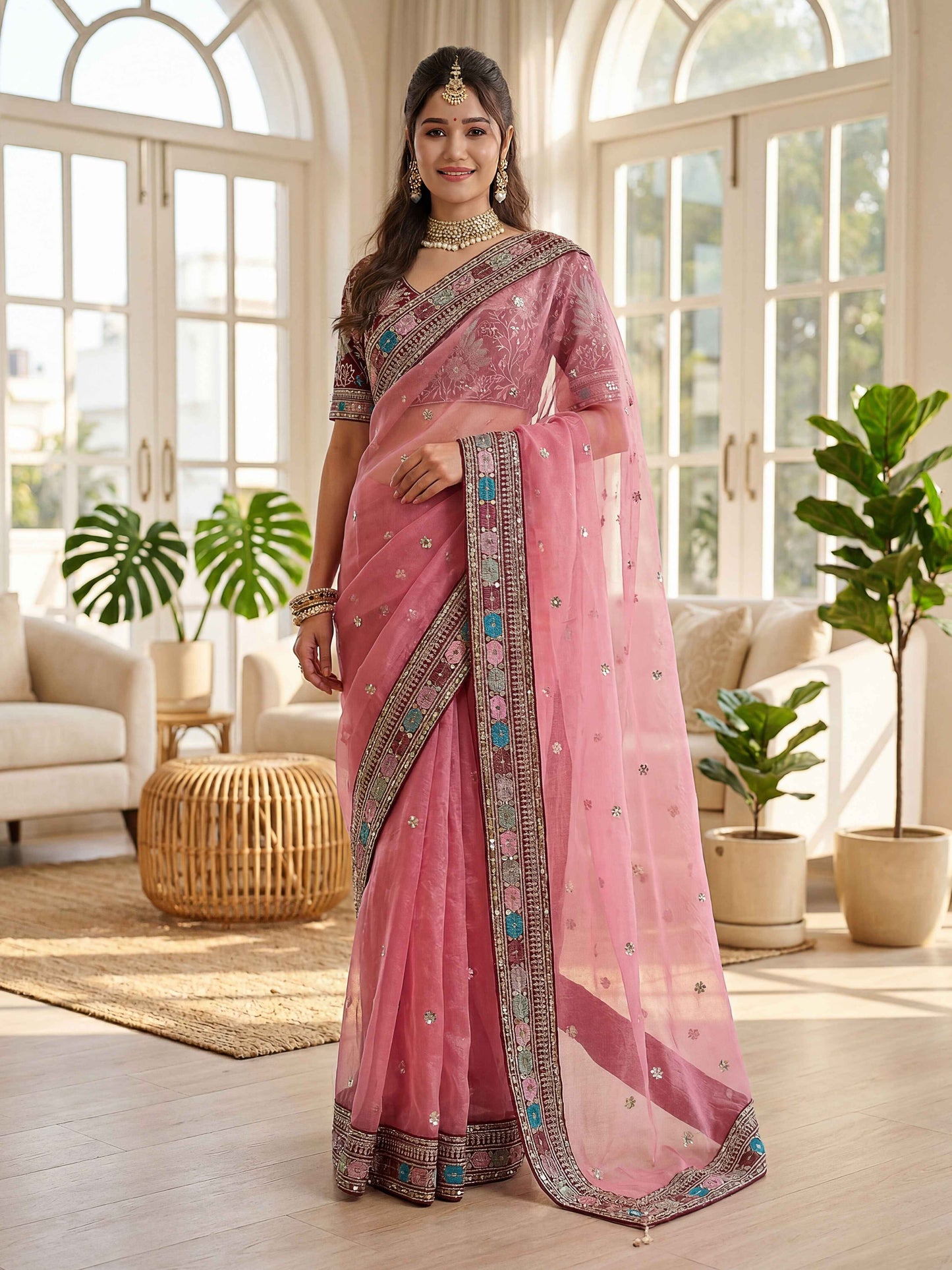 Timeless Soft Pink Organza Silk Embroidery Lace Work Wedding Wear Saree With Blouse