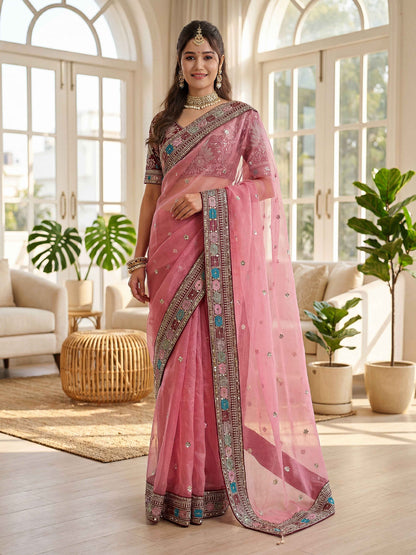 Timeless Soft Pink Organza Silk Embroidery Lace Work Wedding Wear Saree With Blouse