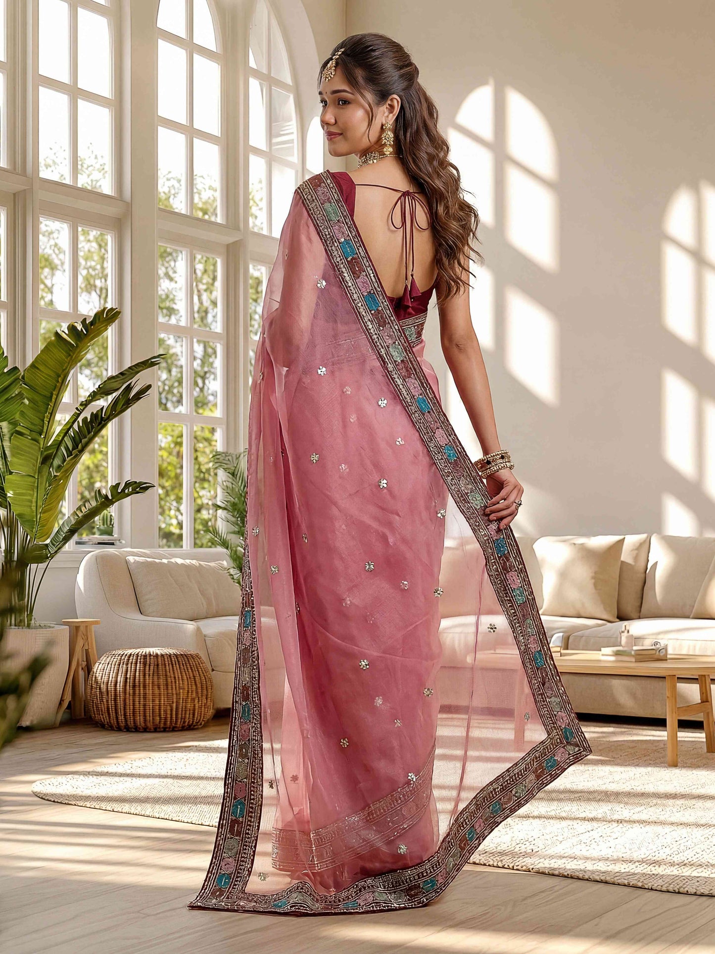 Timeless Soft Pink Organza Silk Embroidery Lace Work Wedding Wear Saree With Blouse