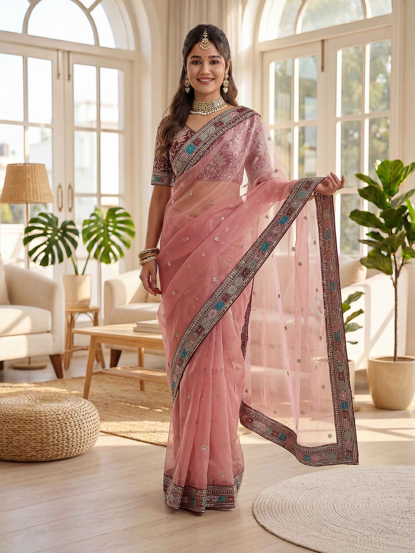 Timeless Soft Pink Organza Silk Embroidery Lace Work Wedding Wear Saree With Blouse