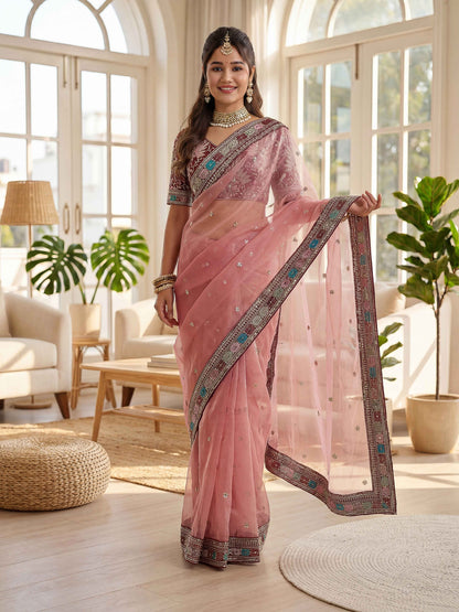 Timeless Soft Pink Organza Silk Embroidery Lace Work Wedding Wear Saree With Blouse