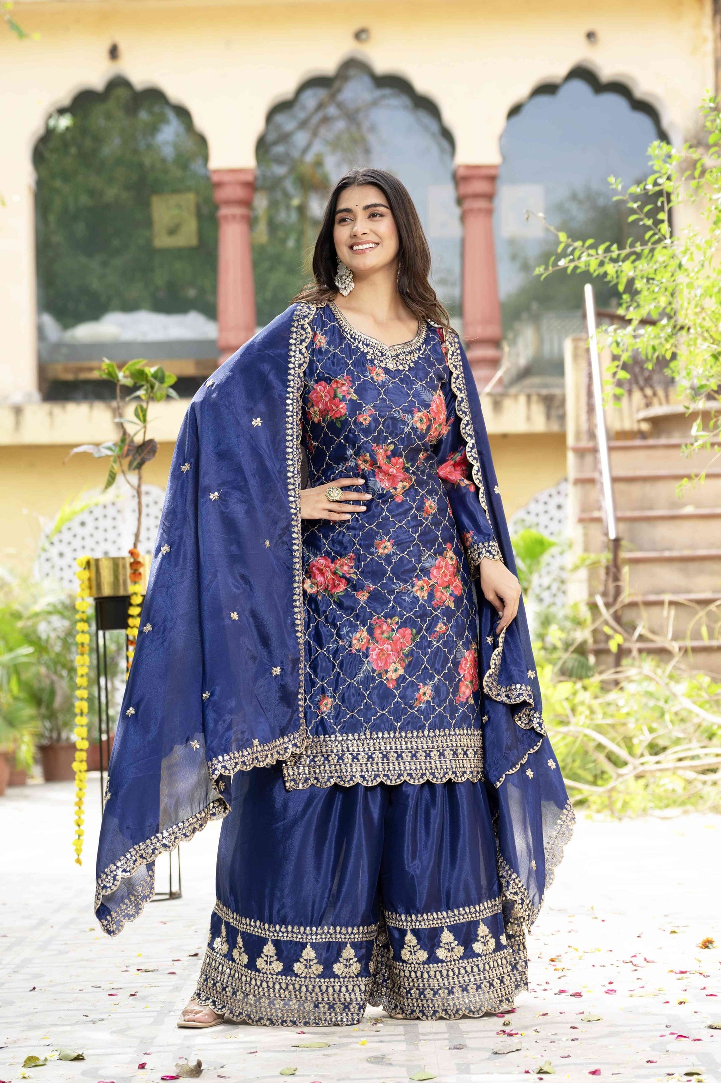Glamorous Navy Blue Silk Digital Printed Embroidery Designer sharara Suit With Dupatta
