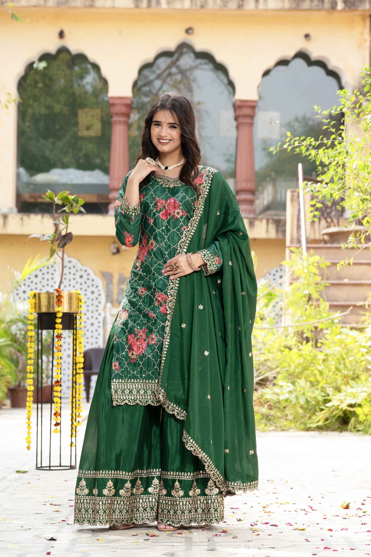 Beautiful Green Silk Digital Printed Embroidery Designer sharara Suit With Dupatta
