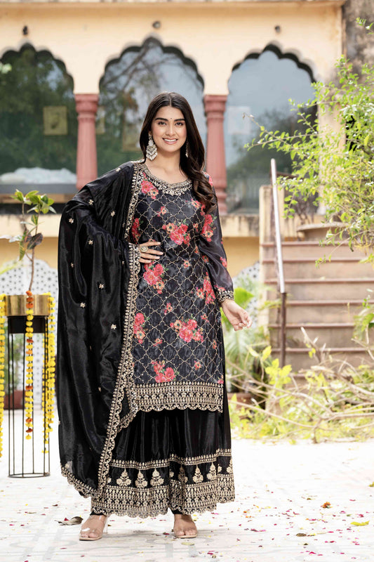 Pretty Black Silk Digital Printed Embroidery Designer sharara Suit With Dupatta
