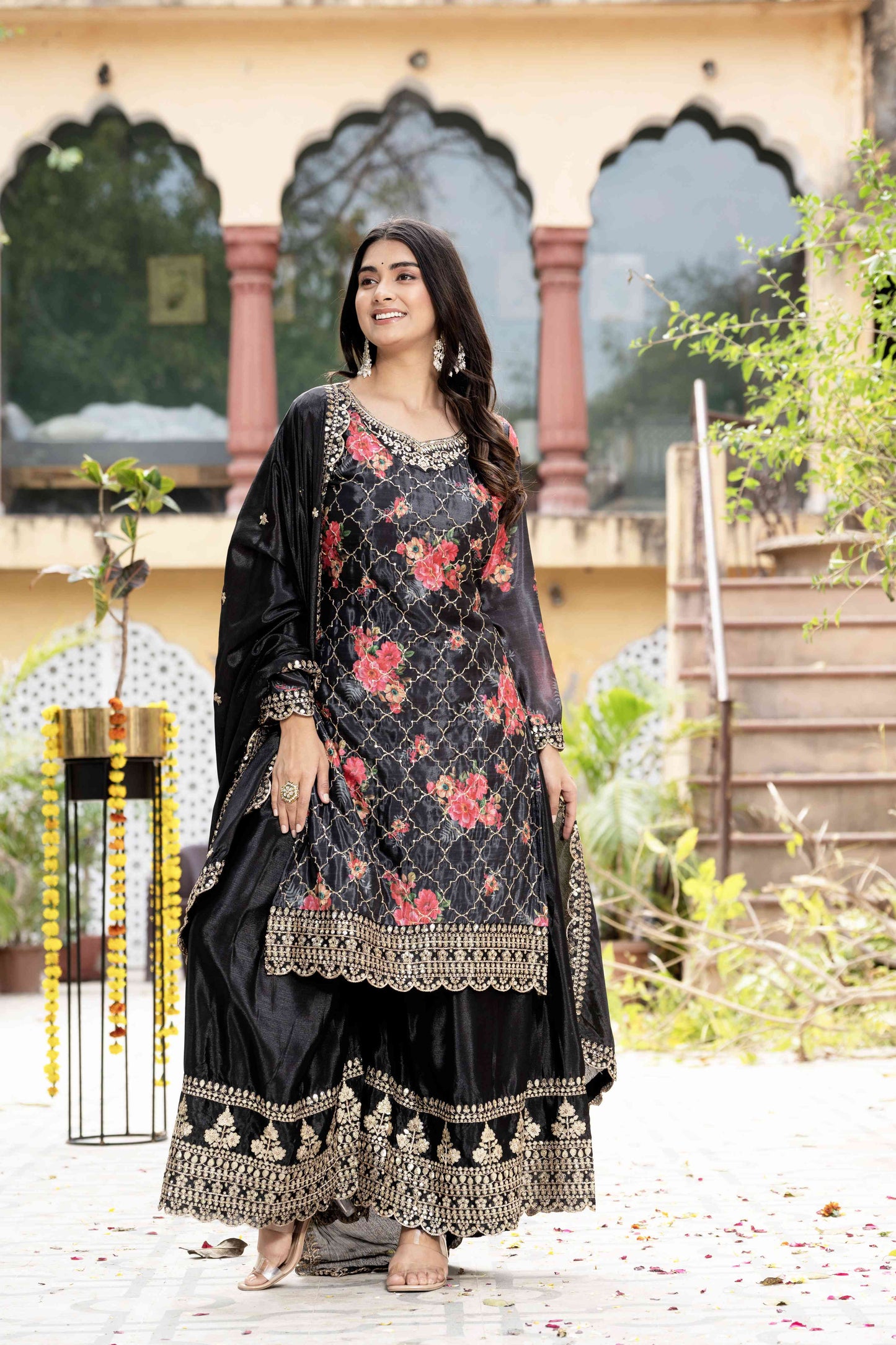 Pretty Black Silk Digital Printed Embroidery Designer sharara Suit With Dupatta