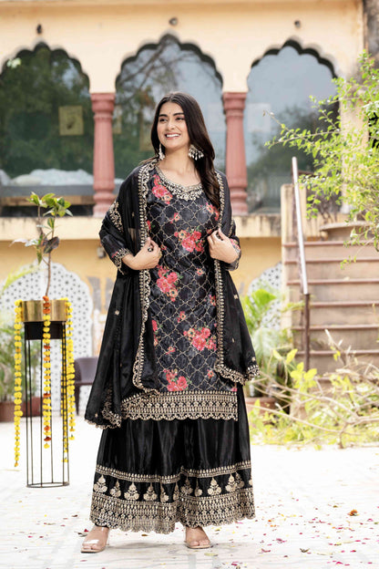 Pretty Black Silk Digital Printed Embroidery Designer sharara Suit With Dupatta