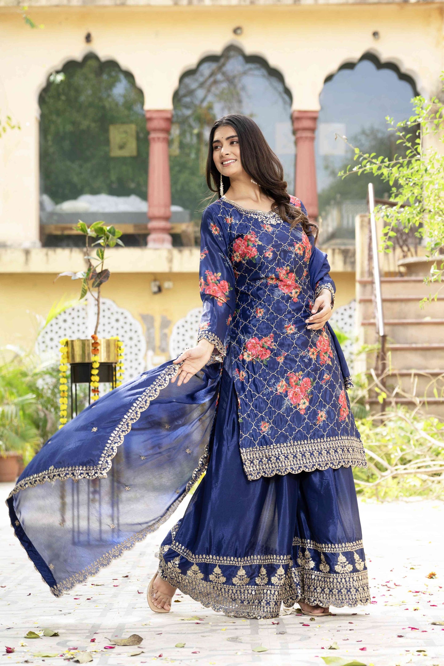 Glamorous Navy Blue Silk Digital Printed Embroidery Designer sharara Suit With Dupatta