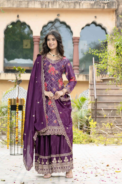 Gorgeous Wine Silk Digital Printed Embroidery Designer sharara Suit With Dupatta