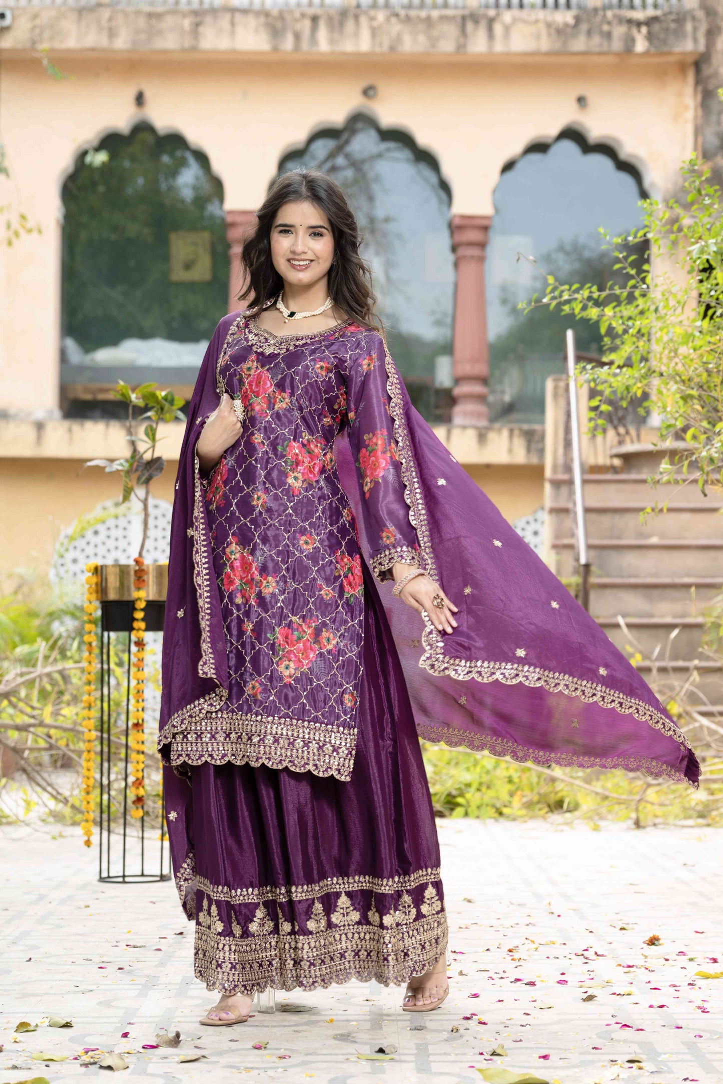 Gorgeous Wine Silk Digital Printed Embroidery Designer sharara Suit With Dupatta