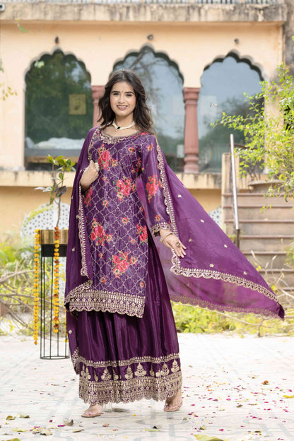 Gorgeous Wine Silk Digital Printed Embroidery Designer sharara Suit With Dupatta