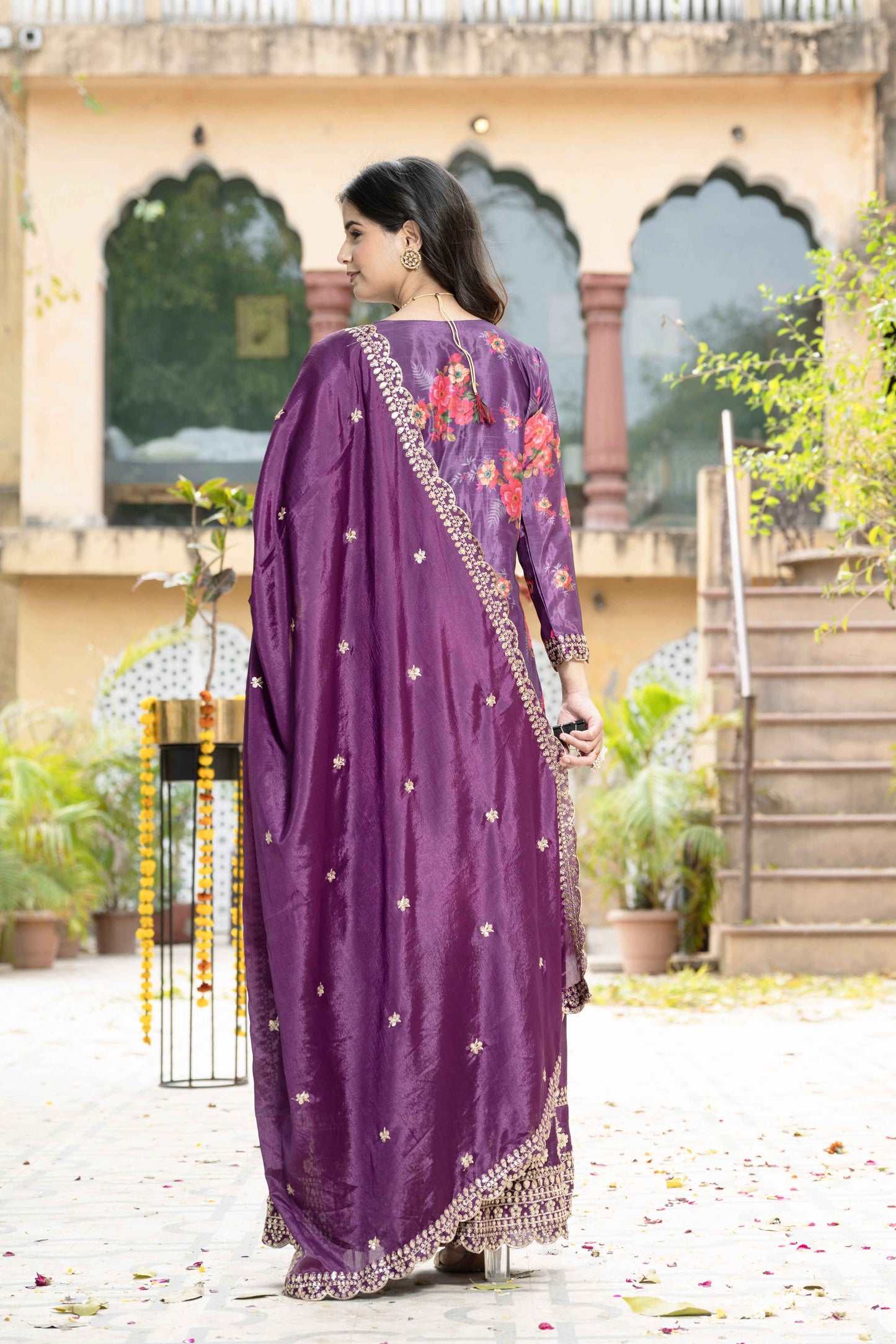 Gorgeous Wine Silk Digital Printed Embroidery Designer sharara Suit With Dupatta