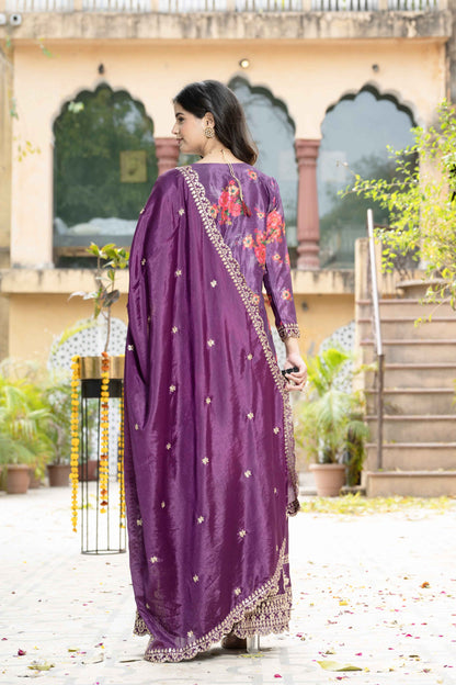 Gorgeous Wine Silk Digital Printed Embroidery Designer sharara Suit With Dupatta