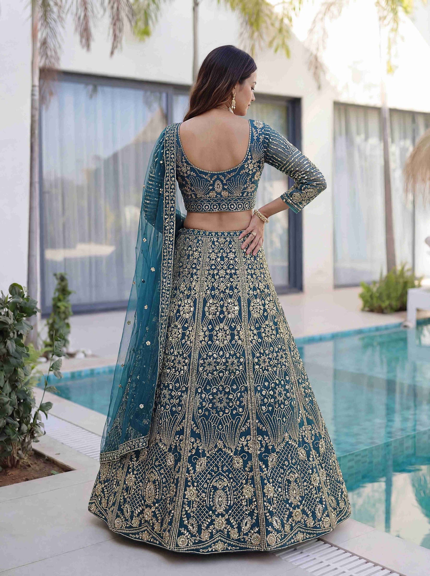 Premium Teal Butterfly Net Sequence And Embroidery Designer Sangeet Wear Lehenga Choli