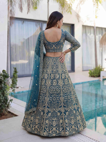 Premium Teal Butterfly Net Sequence And Embroidery Designer Sangeet Wear Lehenga Choli