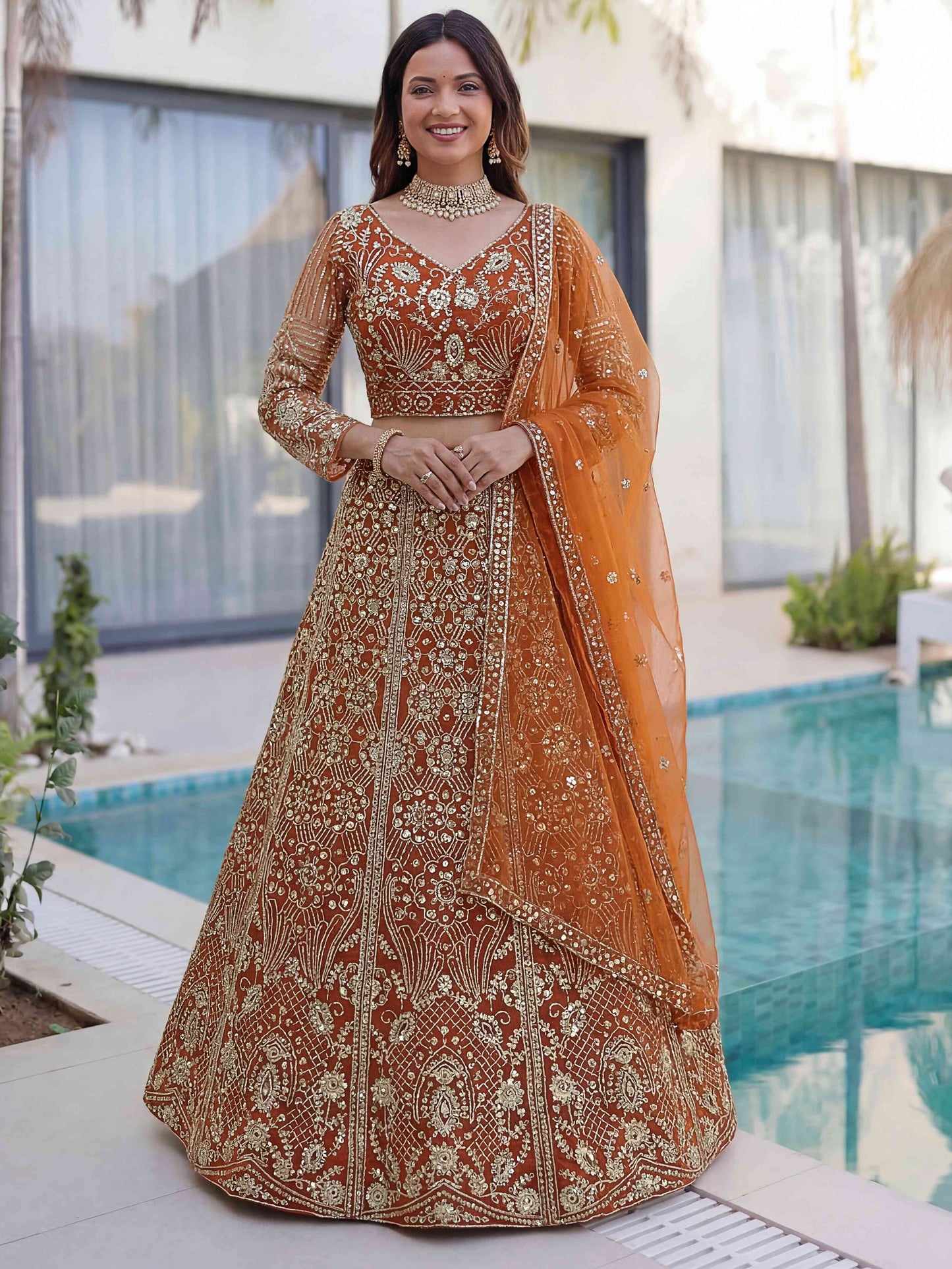 Rust Orange Butterfly Net Sequence And Embroidery Designer Sangeet Wear Lehenga Choli