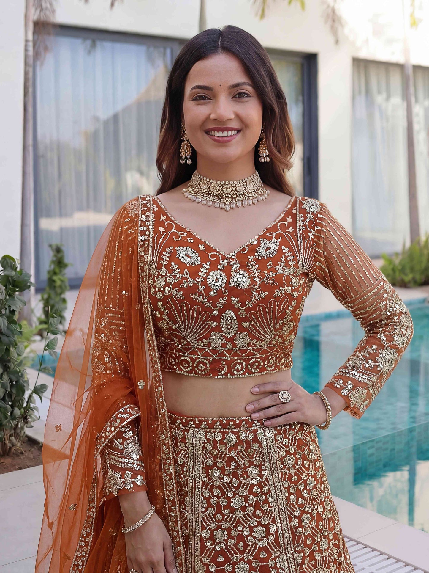Rust Orange Butterfly Net Sequence And Embroidery Designer Sangeet Wear Lehenga Choli