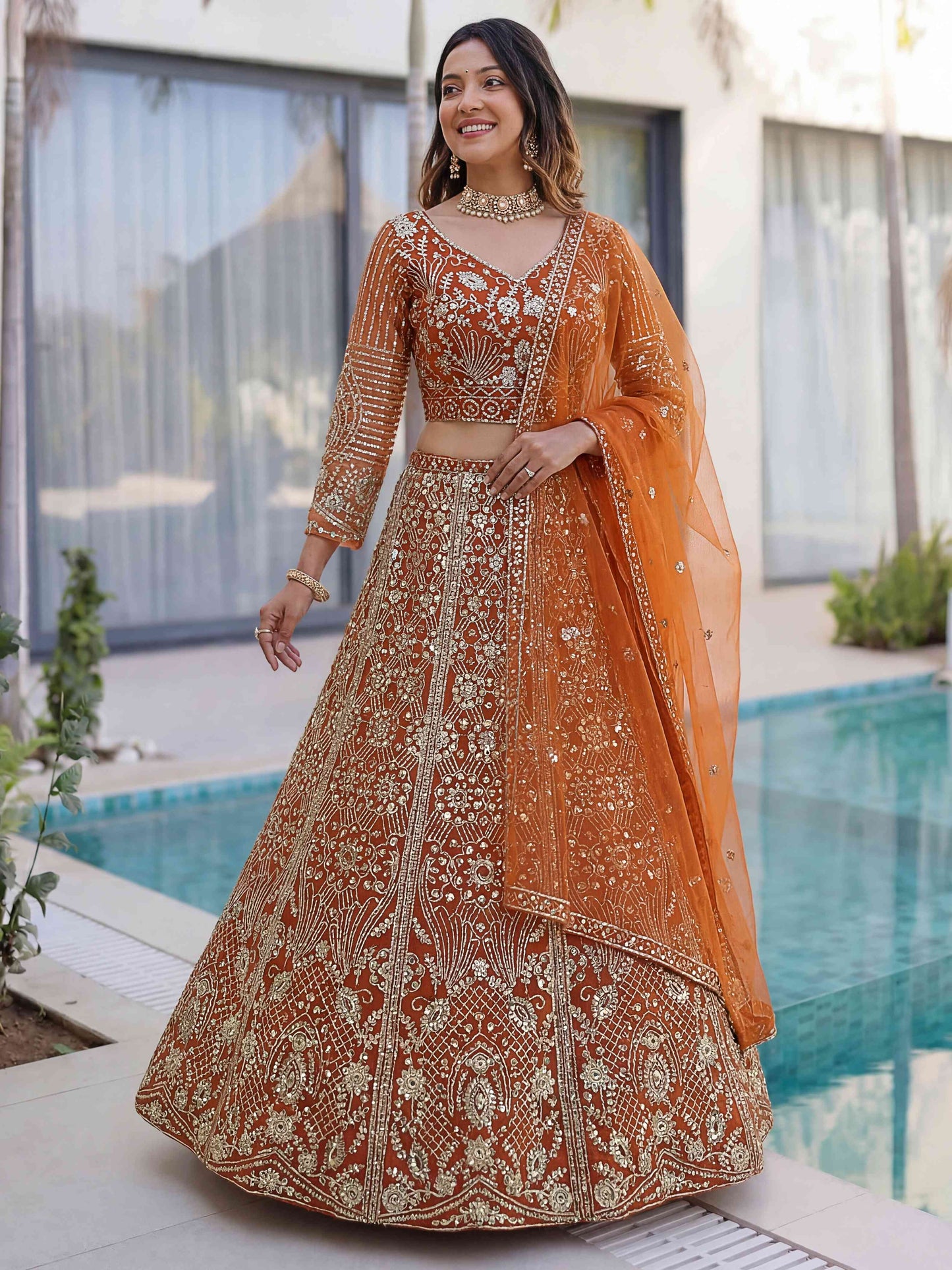 Rust Orange Butterfly Net Sequence And Embroidery Designer Sangeet Wear Lehenga Choli