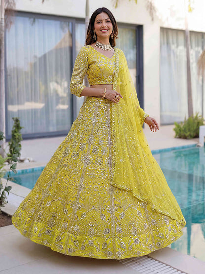 Lemon Yellow Designer Butterfly Net Sequence And Embroidery Designer Sangeet Wear Lehenga Choli