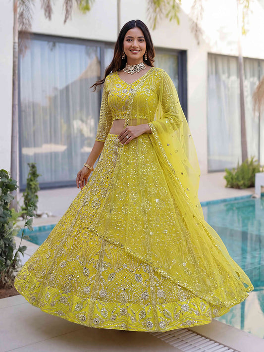 Lemon Yellow Designer Butterfly Net Sequence And Embroidery Designer Sangeet Wear Lehenga Choli