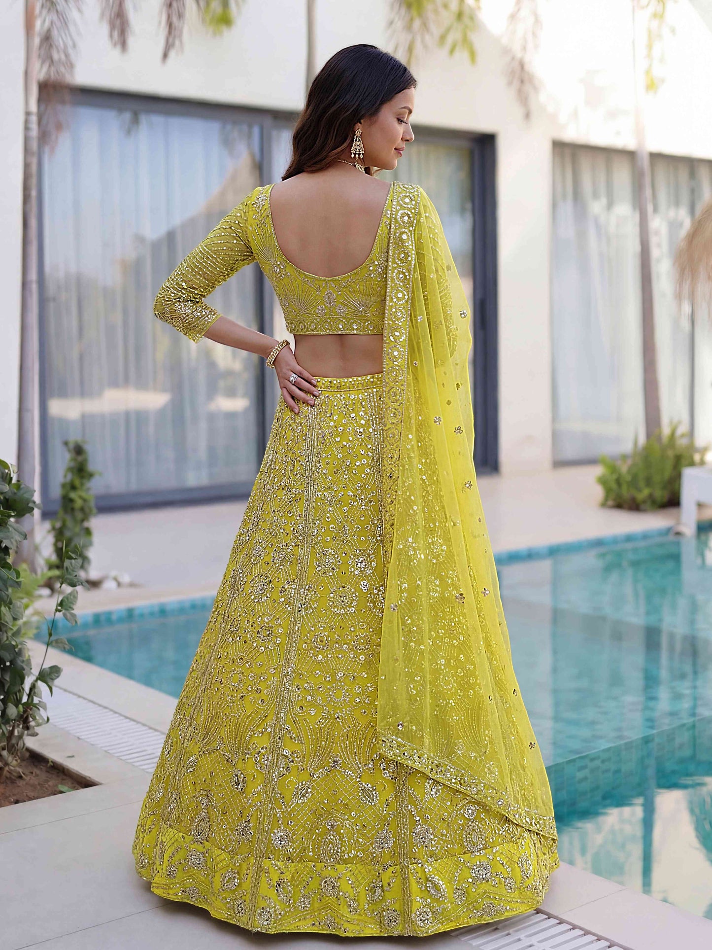 Lemon Yellow Designer Butterfly Net Sequence And Embroidery Designer Sangeet Wear Lehenga Choli
