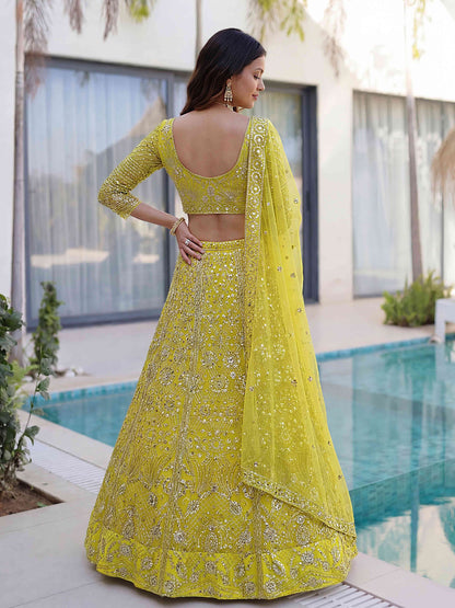 Lemon Yellow Designer Butterfly Net Sequence And Embroidery Designer Sangeet Wear Lehenga Choli