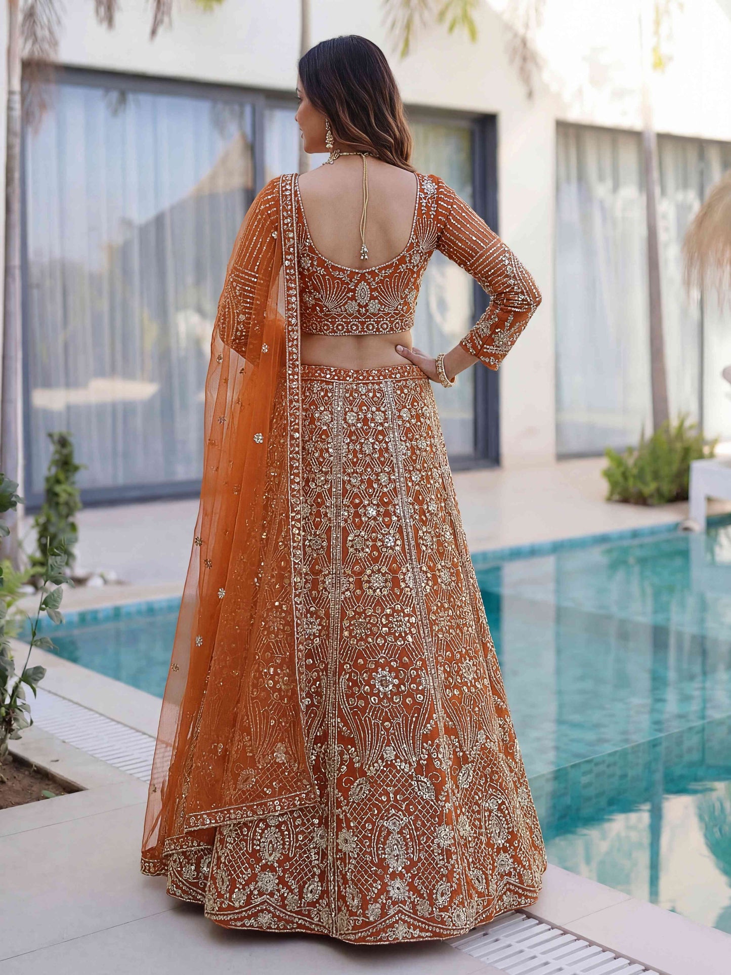 Rust Orange Butterfly Net Sequence And Embroidery Designer Sangeet Wear Lehenga Choli