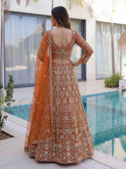 Rust Orange Butterfly Net Sequence And Embroidery Designer Sangeet Wear Lehenga Choli