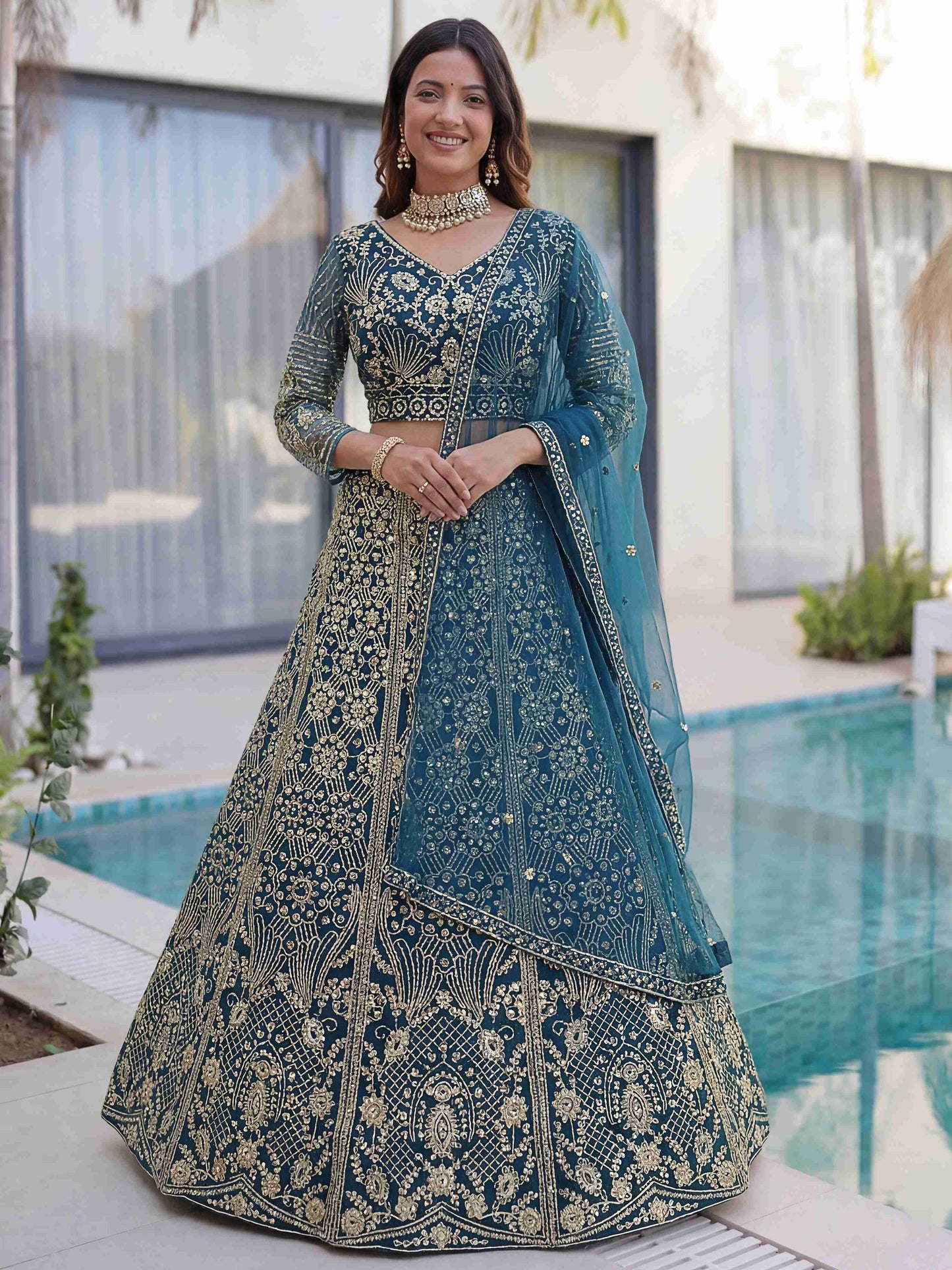 Premium Teal Butterfly Net Sequence And Embroidery Designer Sangeet Wear Lehenga Choli