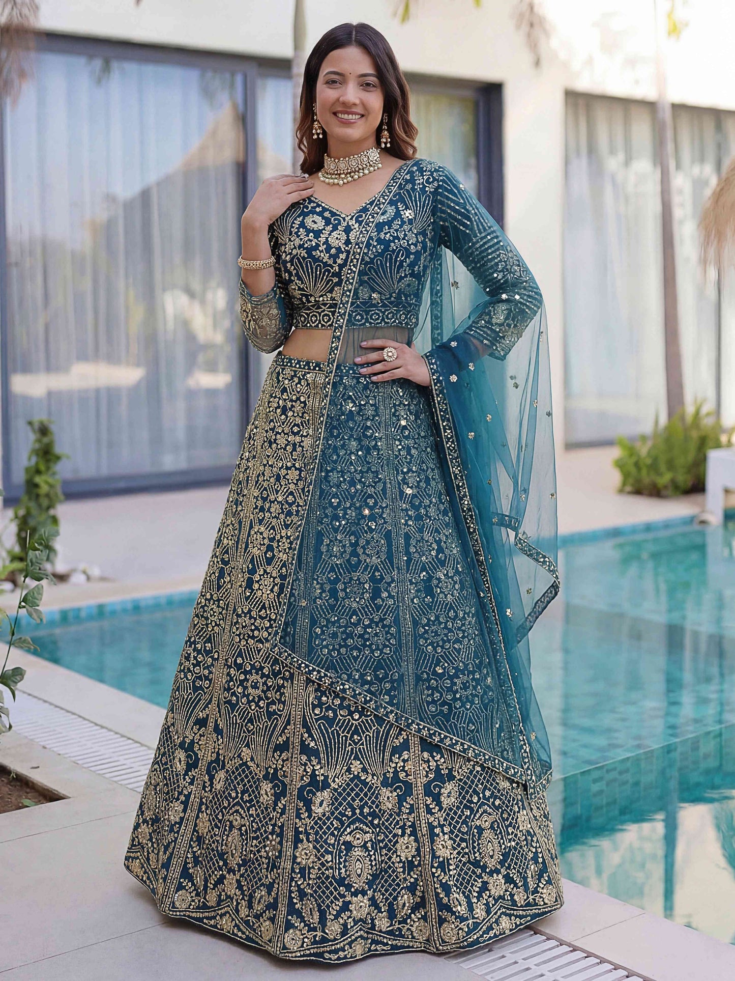 Premium Teal Butterfly Net Sequence And Embroidery Designer Sangeet Wear Lehenga Choli