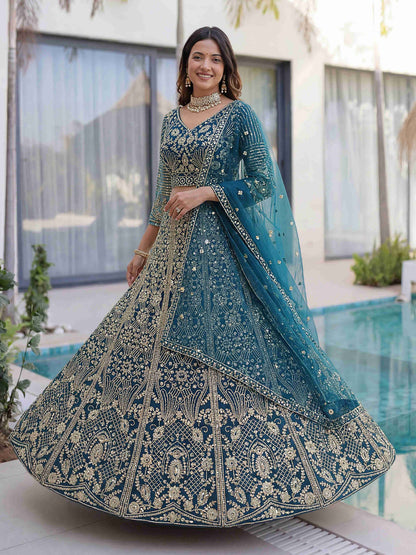 Premium Teal Butterfly Net Sequence And Embroidery Designer Sangeet Wear Lehenga Choli