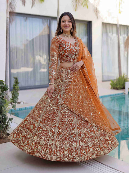 Rust Orange Butterfly Net Sequence And Embroidery Designer Sangeet Wear Lehenga Choli