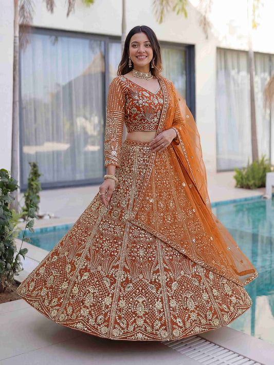 Rust Orange Butterfly Net Sequence And Embroidery Designer Sangeet Wear Lehenga Choli