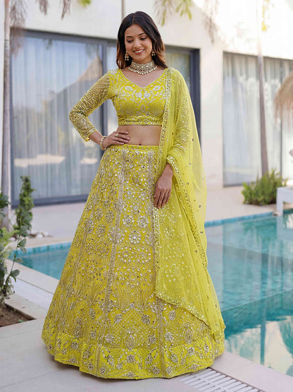 Lemon Yellow Designer Butterfly Net Sequence And Embroidery Designer Sangeet Wear Lehenga Choli