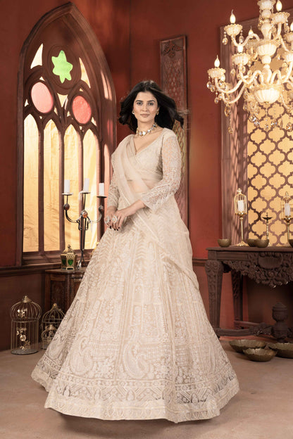 Incredible Off Cream Embroidered Designer Lehenga With Dupatta