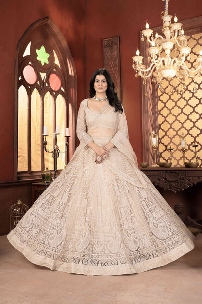 Incredible Off Cream Embroidered Designer Lehenga With Dupatta