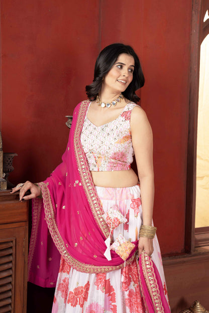 Attractive White Floral Printed Embroidery Sequence Worked Sangit Wear Lehenga Choli & Dupatta