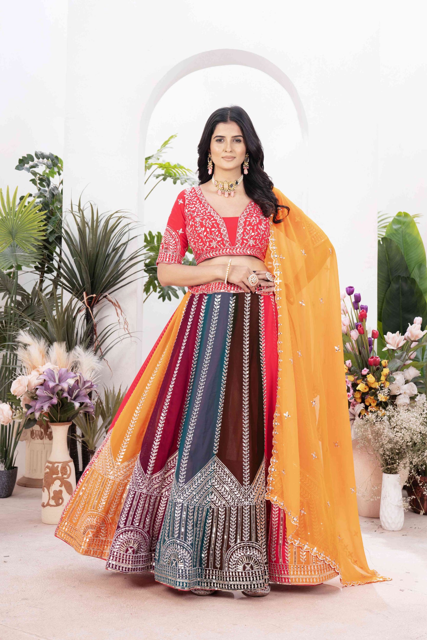 Gorgeous Multicolor Panelled Embroidery Sequence worked Desginer Function Wear Lehenga Set