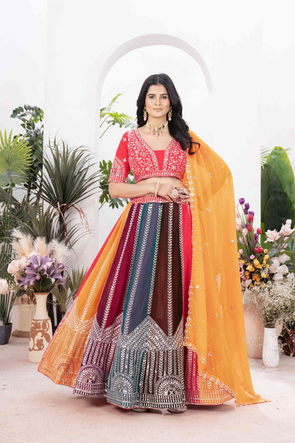 Gorgeous Multicolor Panelled Embroidery Sequence worked Desginer Function Wear Lehenga Set