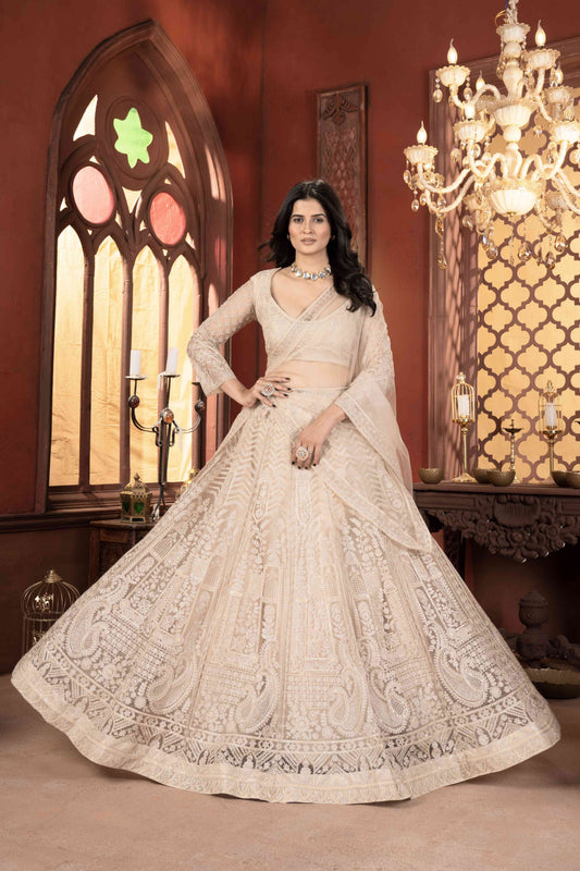 Incredible Off Cream Embroidered Designer Lehenga With Dupatta