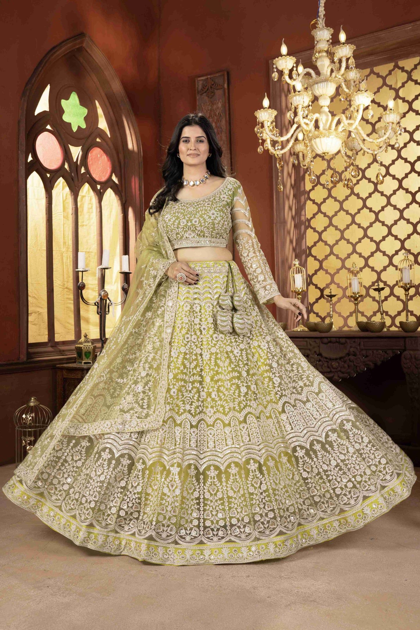 Mesmerizing Olive Green Net Mehndi Wear Embroidered Designer Lehnga Choli With Dupatta