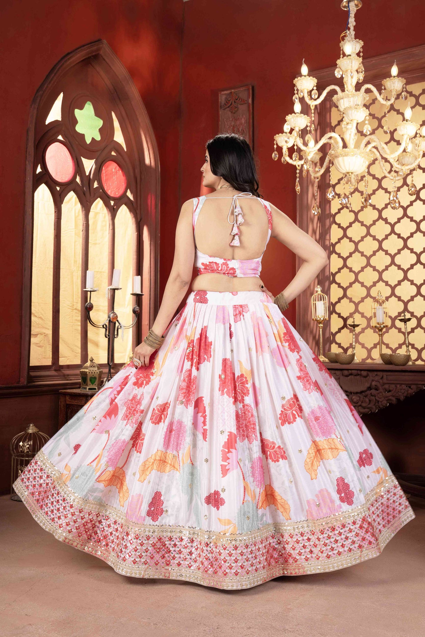 Attractive White Floral Printed Embroidery Sequence Worked Sangit Wear Lehenga Choli & Dupatta