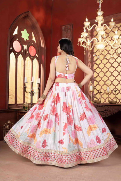 Attractive White Floral Printed Embroidery Sequence Worked Sangit Wear Lehenga Choli & Dupatta