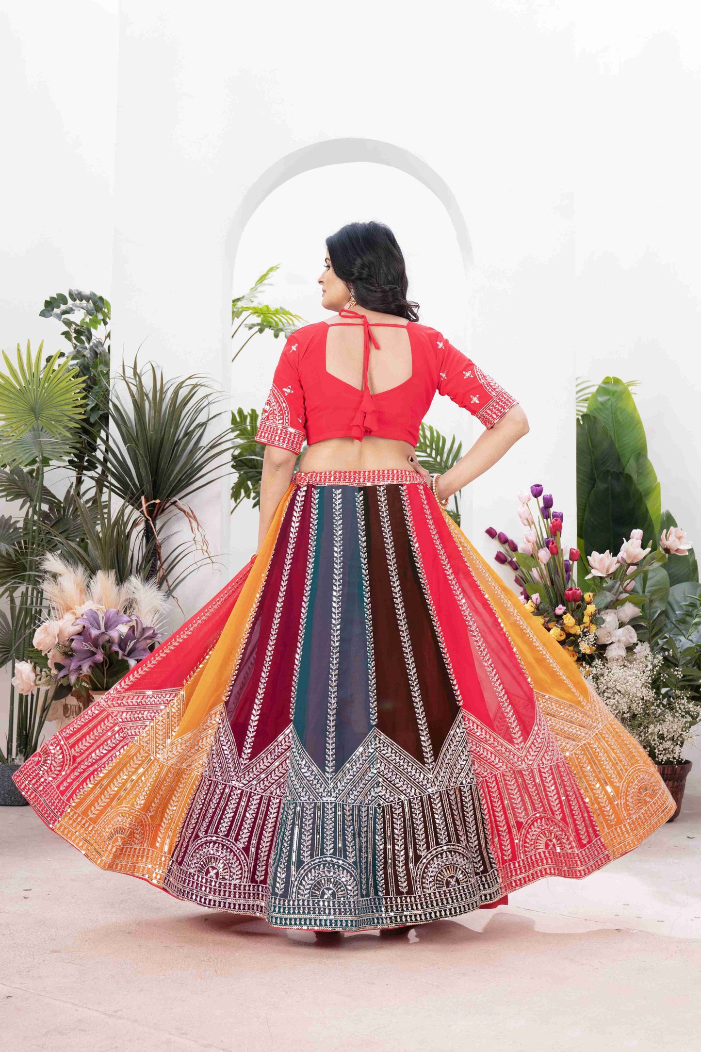Gorgeous Multicolor Panelled Embroidery Sequence worked Desginer Function Wear Lehenga Set