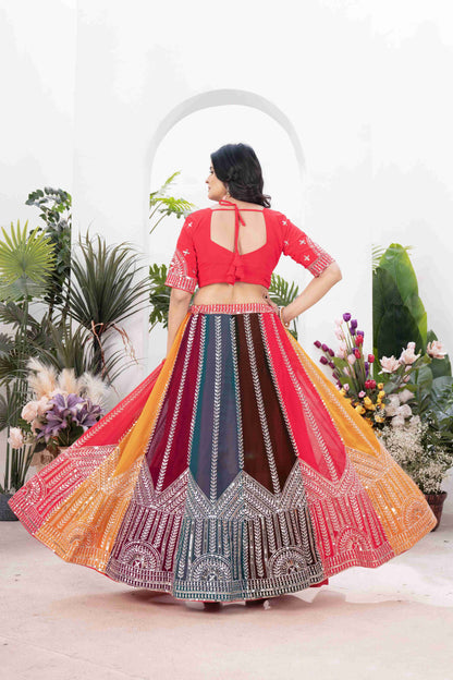 Gorgeous Multicolor Panelled Embroidery Sequence worked Desginer Function Wear Lehenga Set