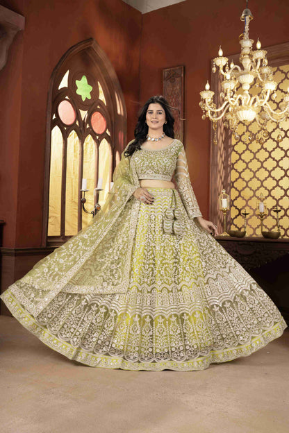 Mesmerizing Olive Green Net Mehndi Wear Embroidered Designer Lehnga Choli With Dupatta
