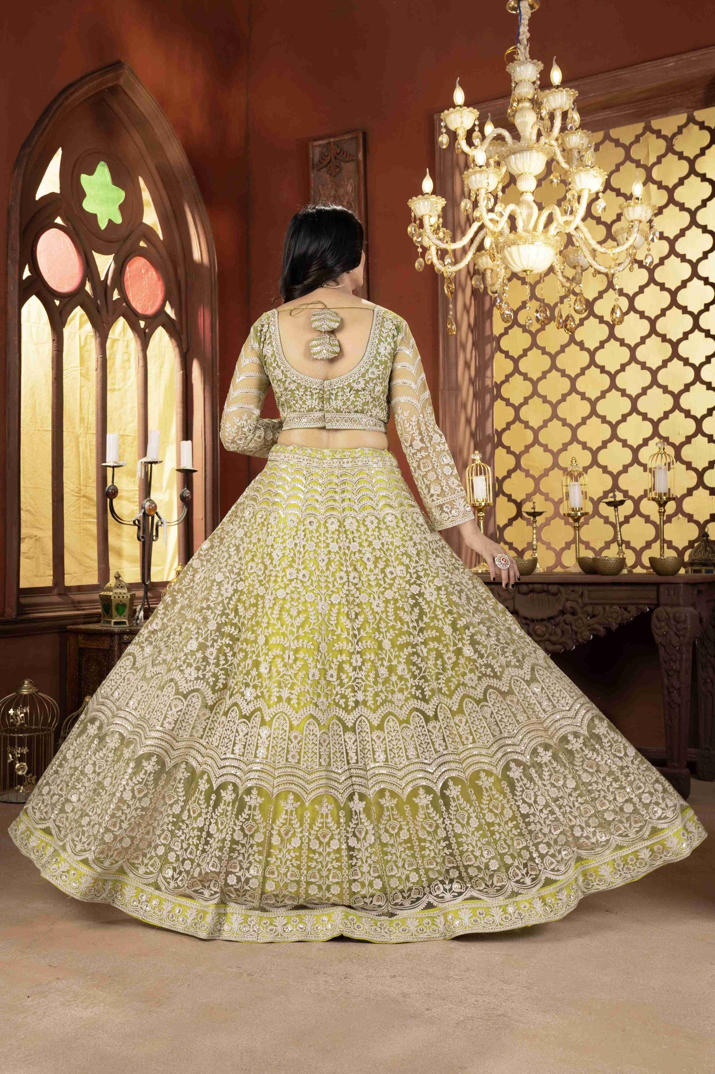 Mesmerizing Olive Green Net Mehndi Wear Embroidered Designer Lehnga Choli With Dupatta