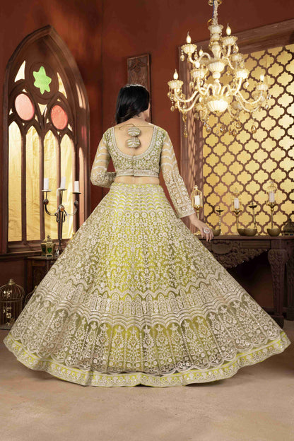 Mesmerizing Olive Green Net Mehndi Wear Embroidered Designer Lehnga Choli With Dupatta