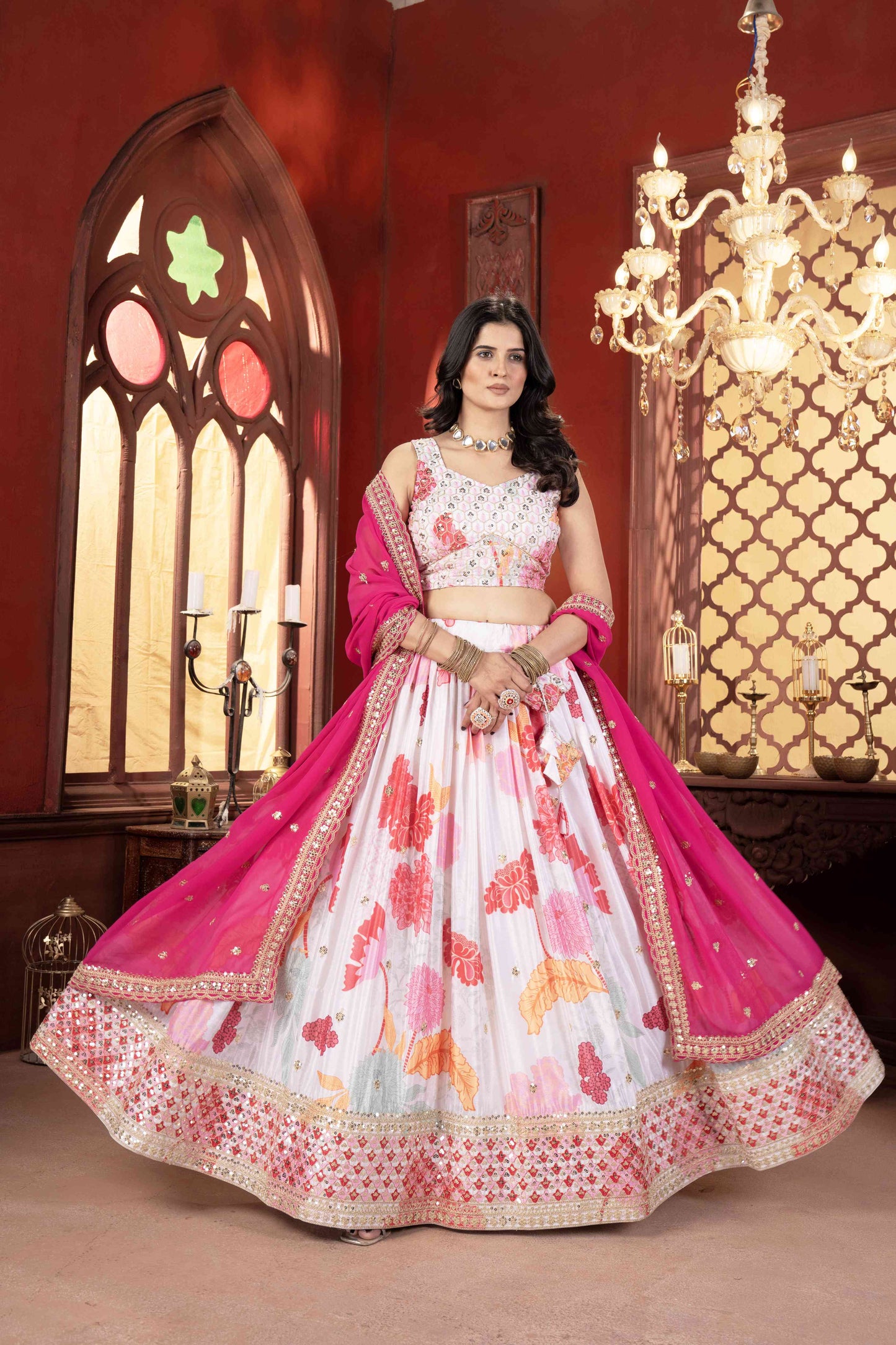 Attractive White Floral Printed Embroidery Sequence Worked Sangit Wear Lehenga Choli & Dupatta