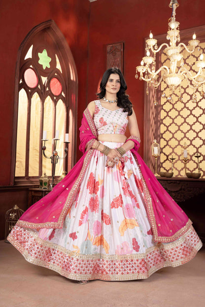 Attractive White Floral Printed Embroidery Sequence Worked Sangit Wear Lehenga Choli & Dupatta